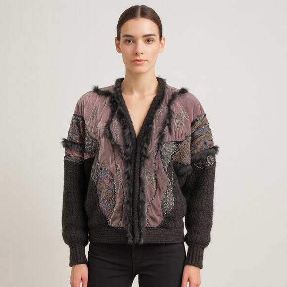 Cache 80s Velvet Beaded Patchwork Faux Fur Trim Cardigan Jacket Mauve Blk Medium - Picture 1 of 16